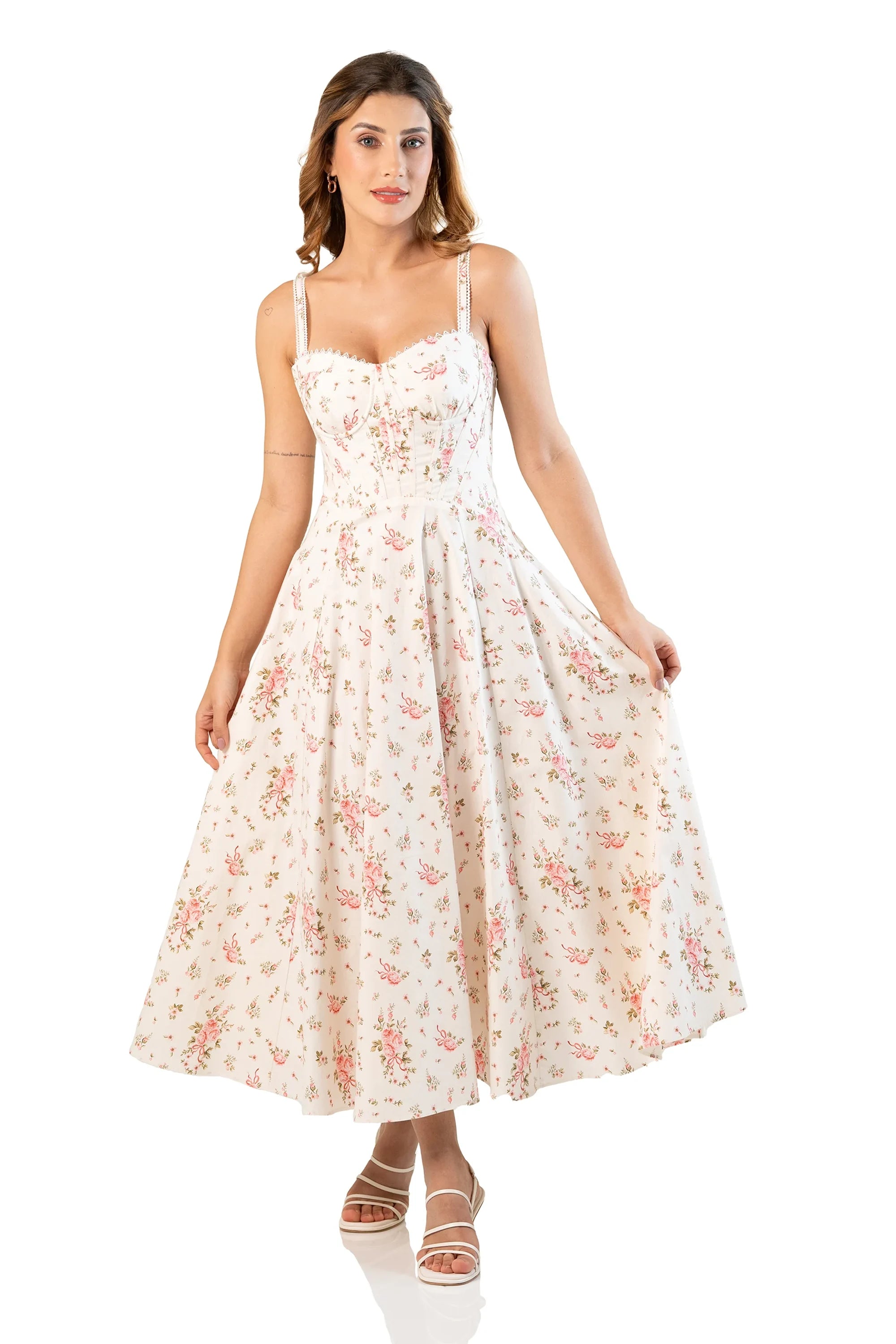 Ivory floral cotton corset midi dress, front view – Pretty Pixie
