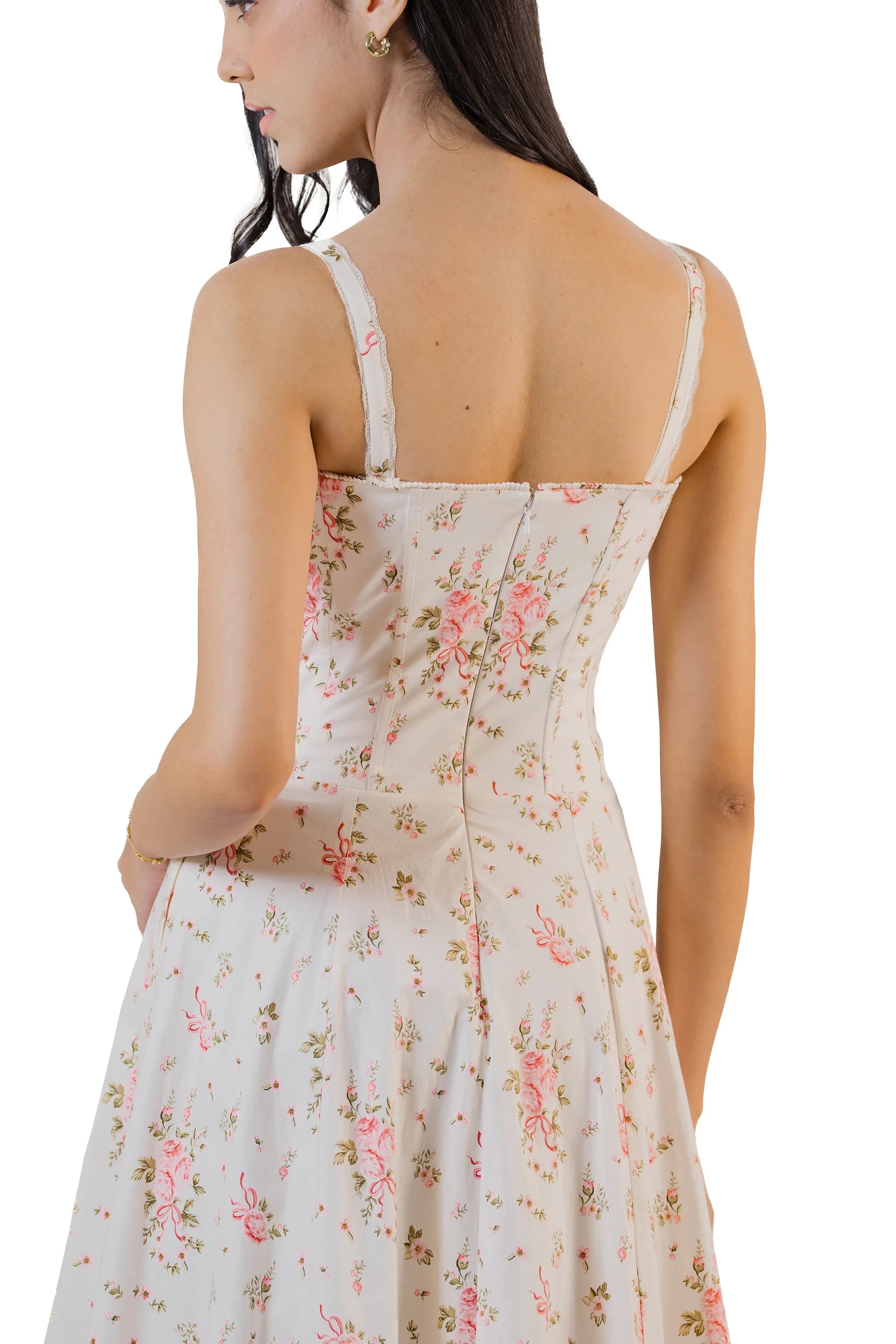 Front look of ivory floral midi dress with fitted bustier top, sleeveless chic summer dress