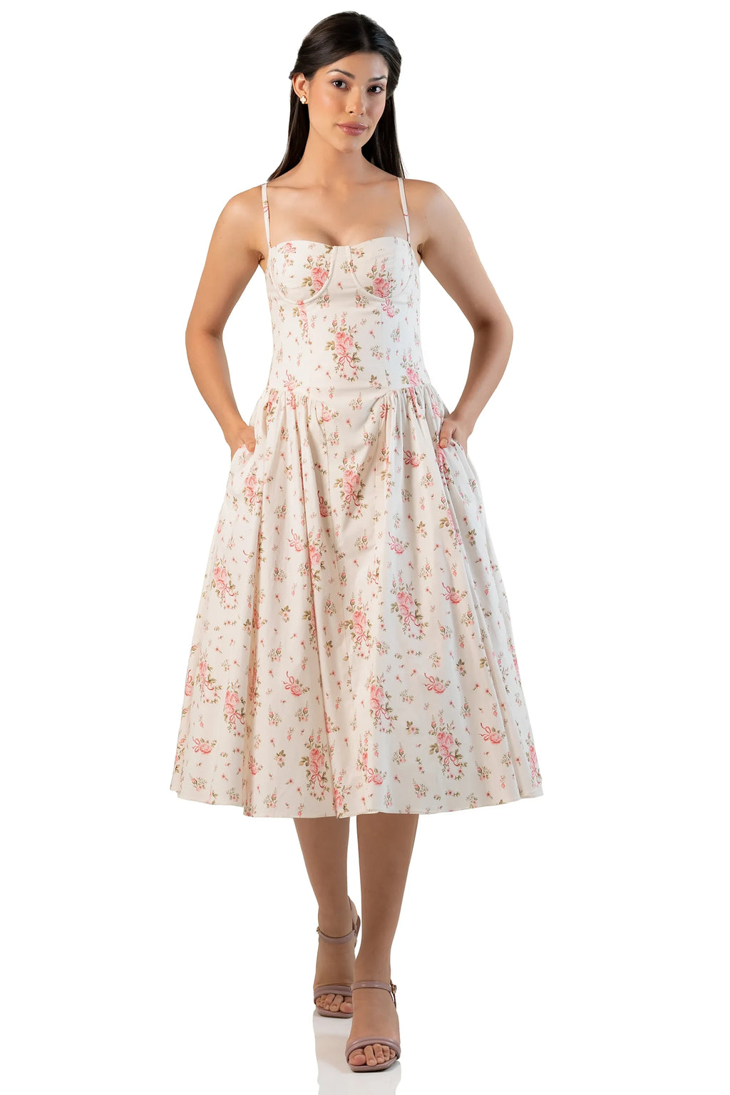Ivory floral cotton midi dress with pockets, front view on model