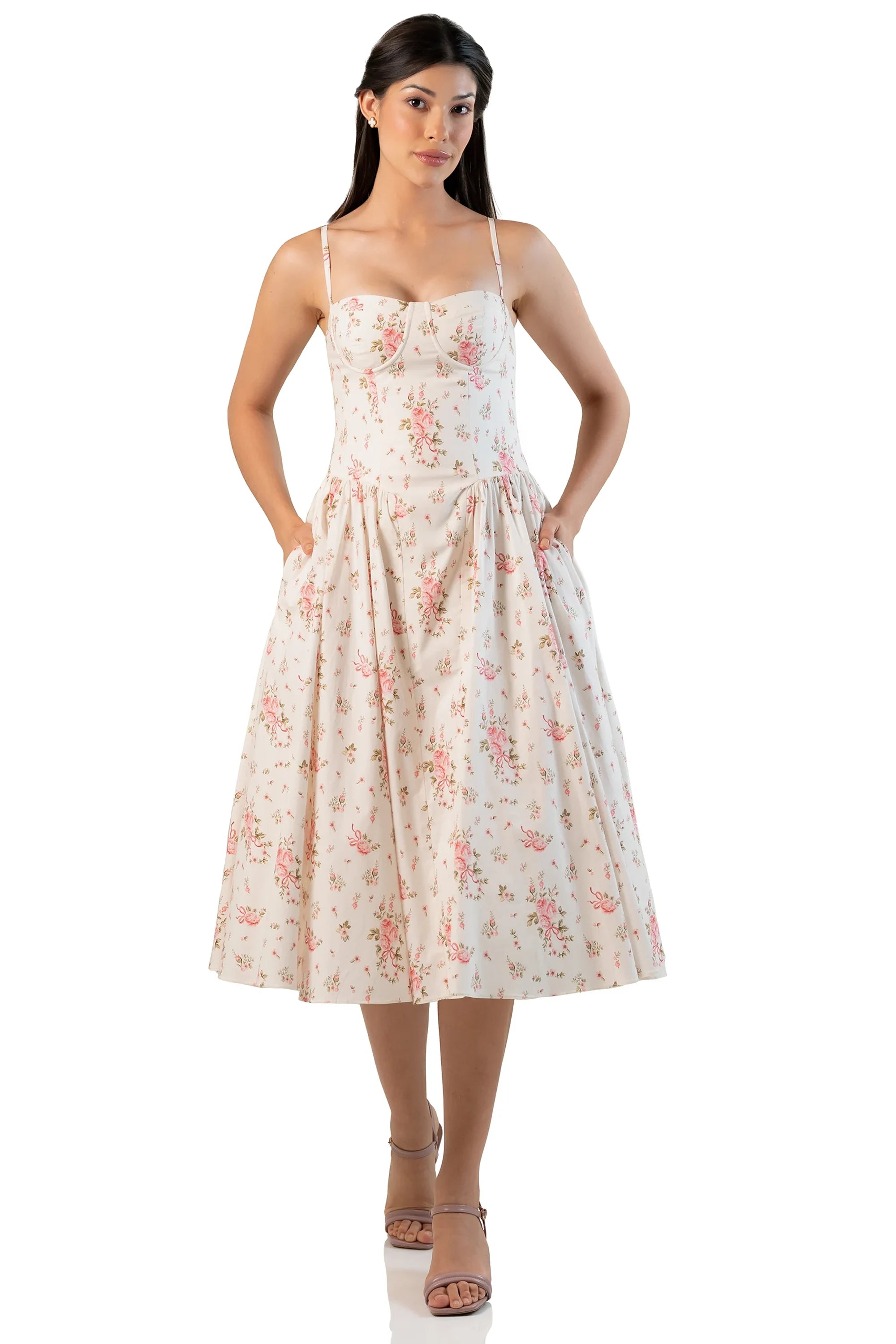 Ivory floral cotton midi dress with pockets, front view on model