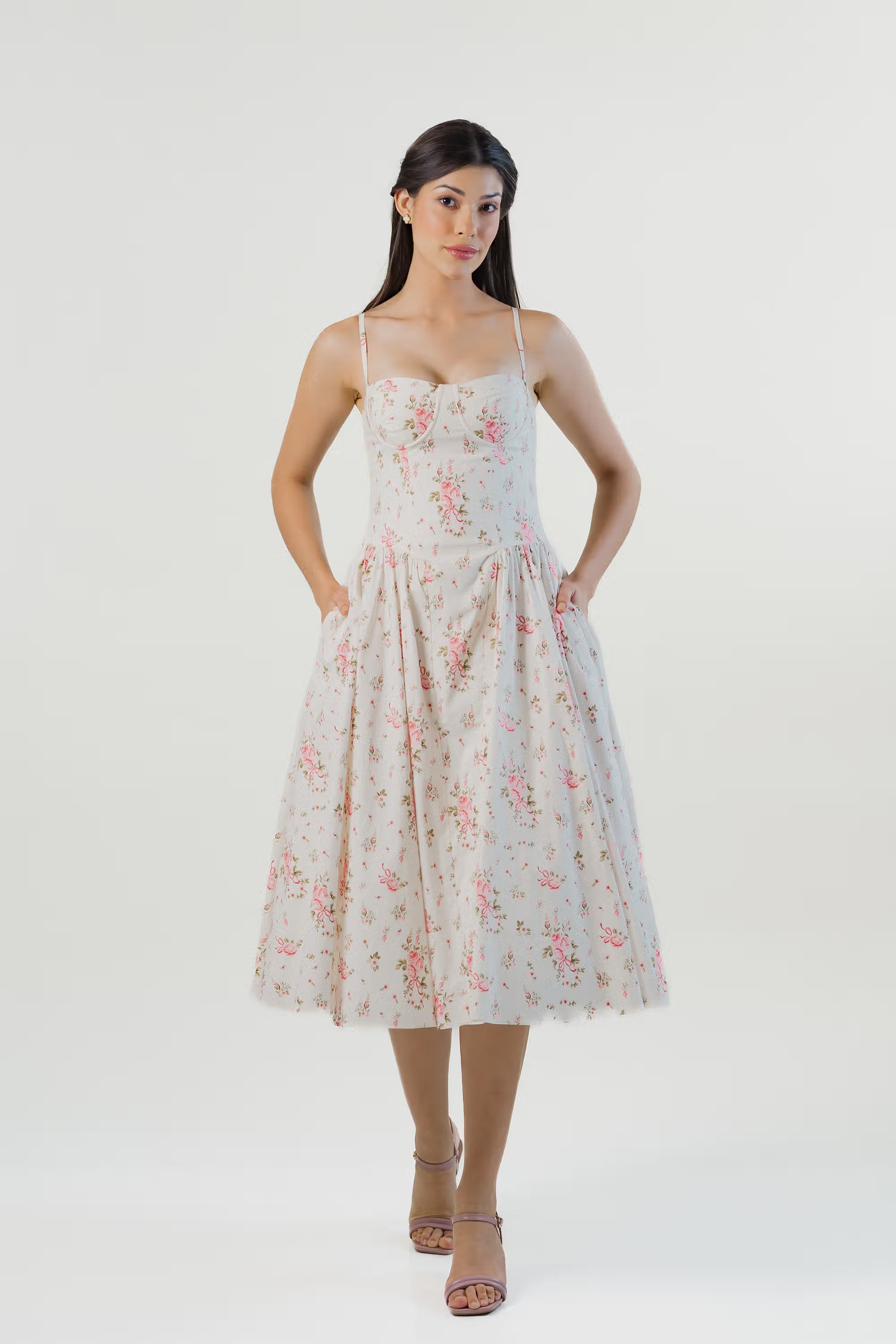 Ivory midi dress with pink floral print, front view, flared skirt.