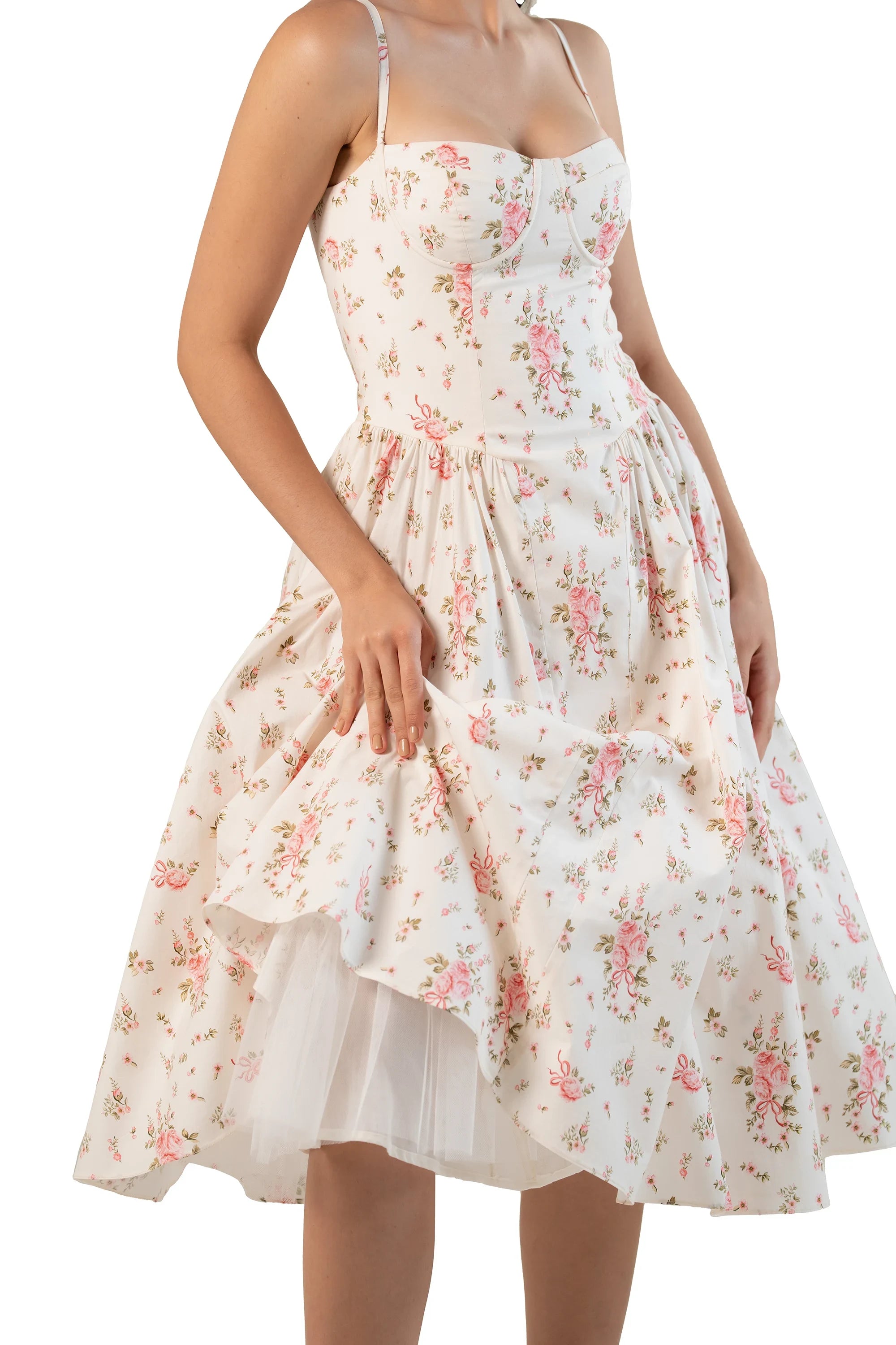 Hem and lining detail of ivory floral midi fit-and-flare dress