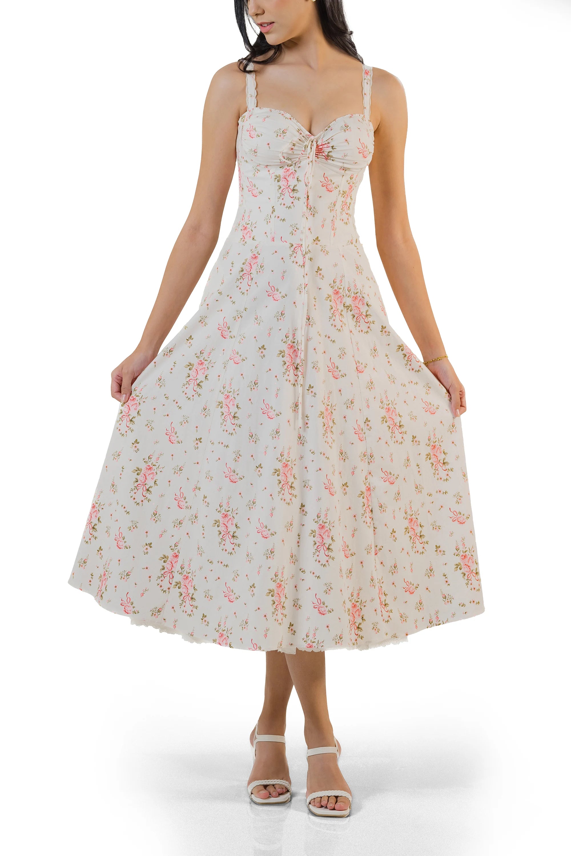 Angle close-up of ivory floral midi dress, feminine pink rose design with lace details