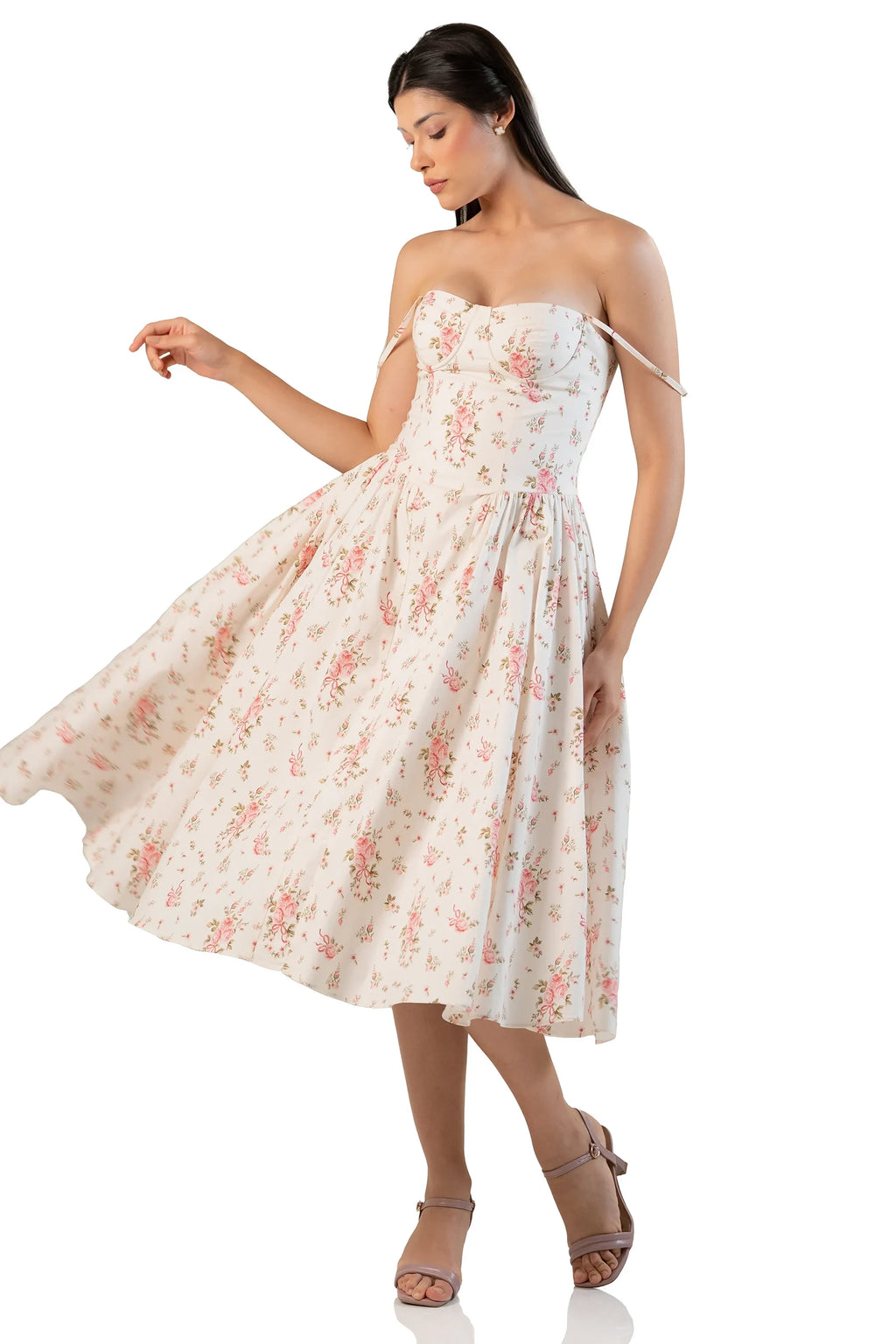 Ivory floral midi dress worn off-shoulder, twirling movement