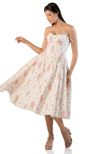 Ivory floral midi dress worn off-shoulder, twirling movement