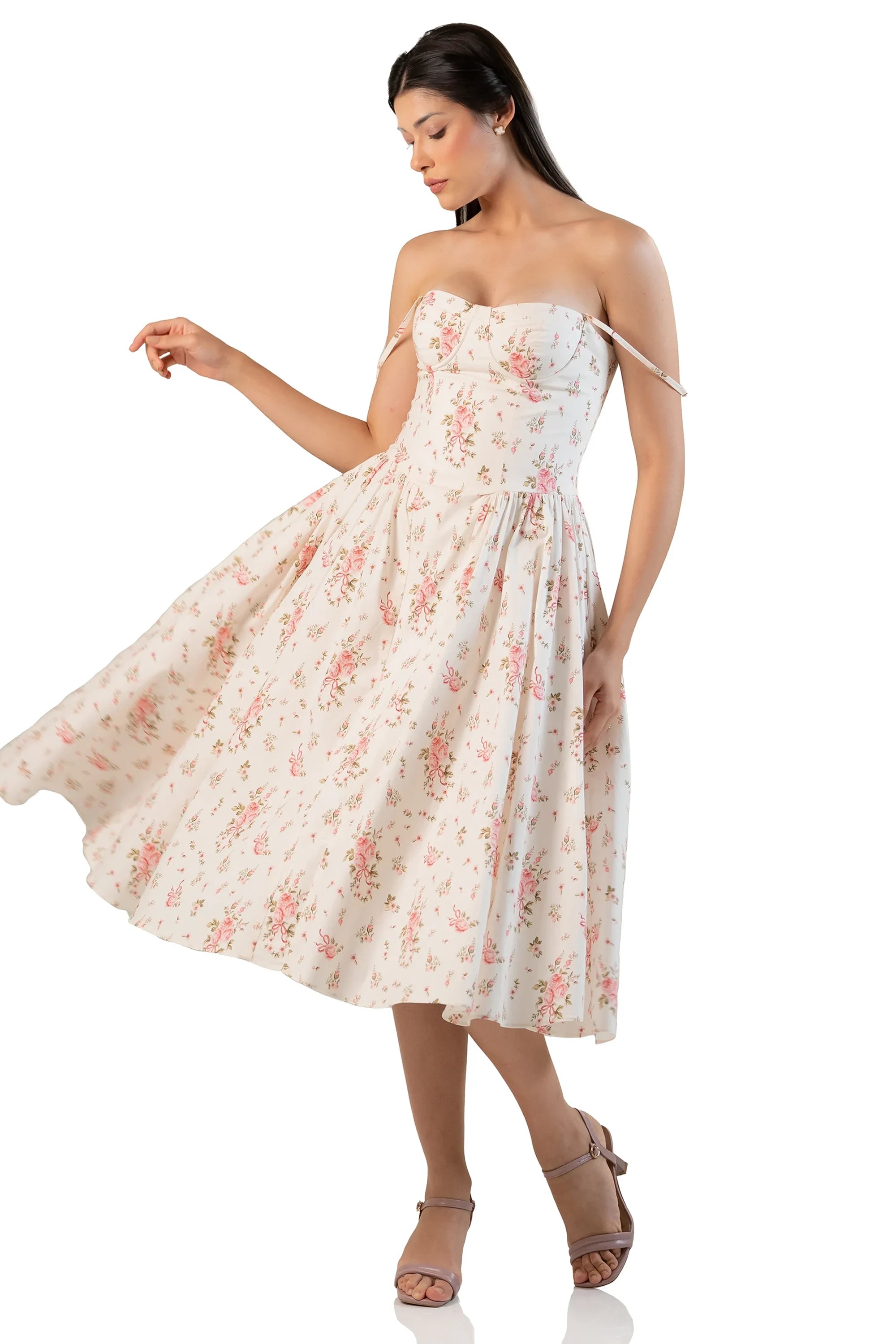Ivory floral midi dress worn off-shoulder, twirling movement