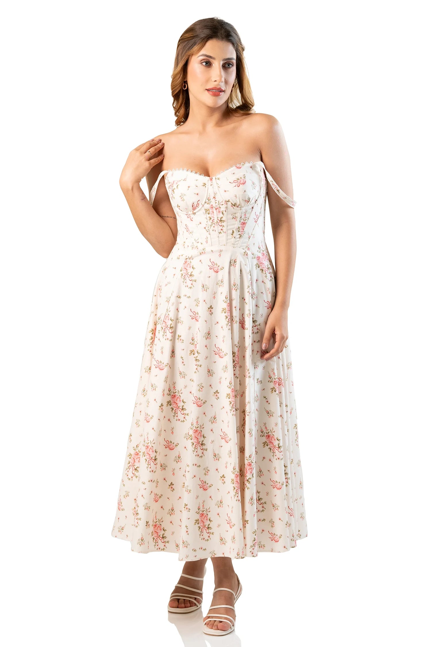Ivory floral corset midi dress worn off-shoulder, front view