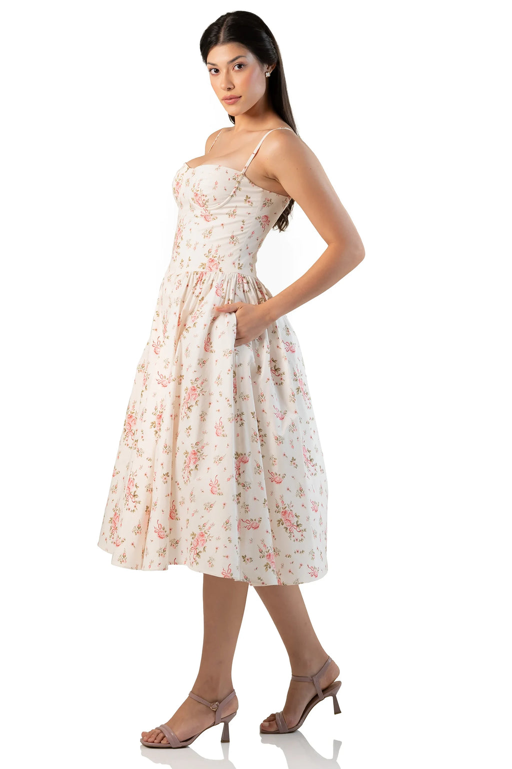 Side view showing pockets on ivory floral cotton midi dress – Pretty Pixie