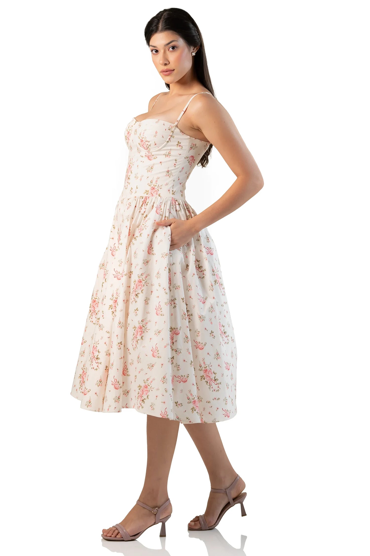 Side view showing pockets on ivory floral cotton midi dress – Pretty Pixie