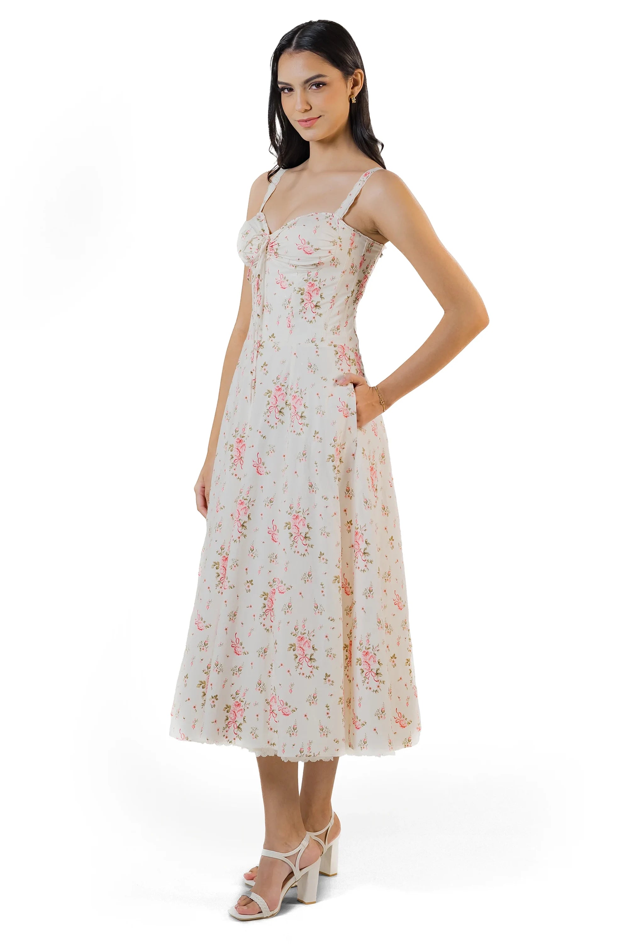 Side view of ivory floral midi dress with pockets, pink rose print, elegant day wear for women