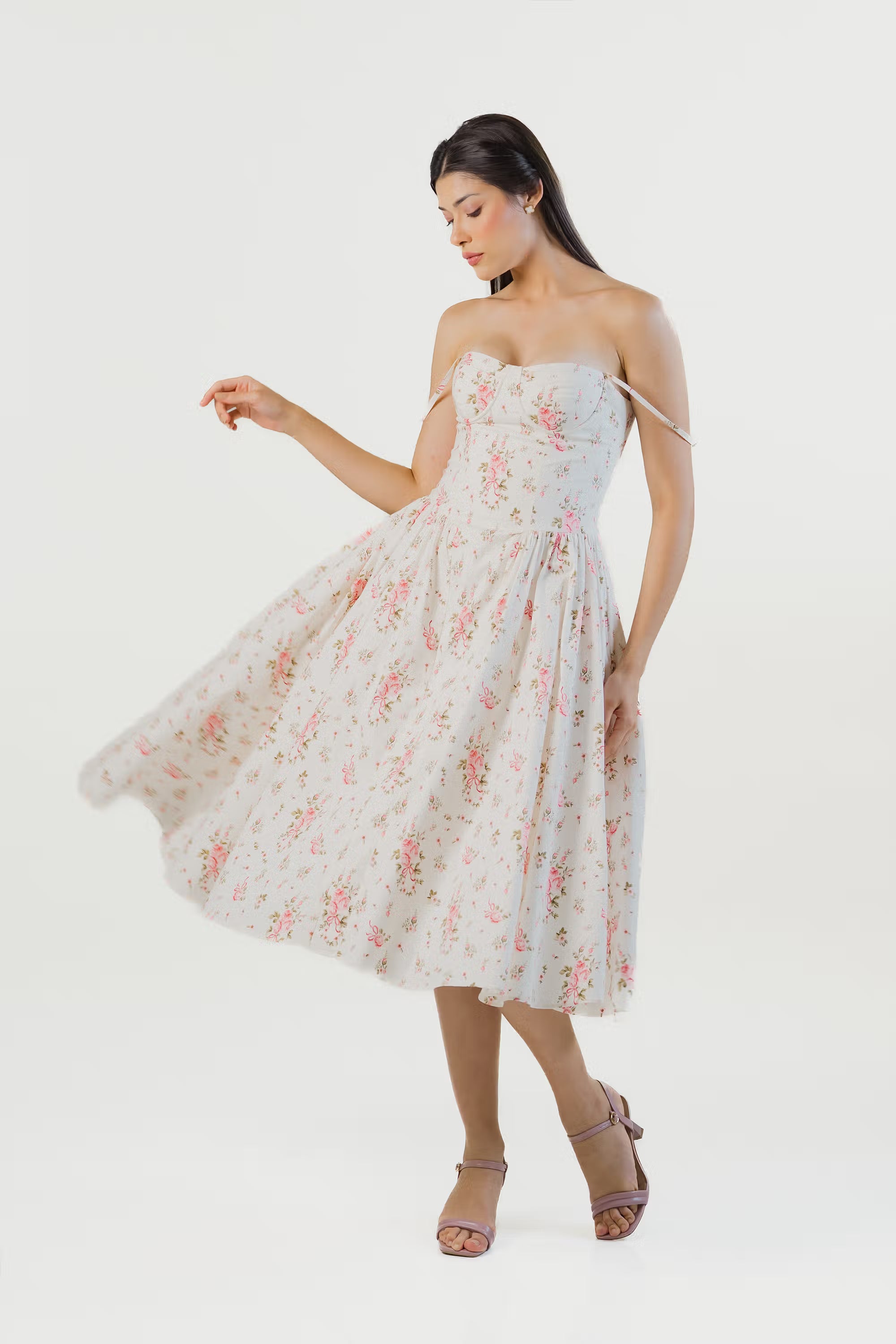 Ivory floral strapless midi dress, flared skirt, front view.