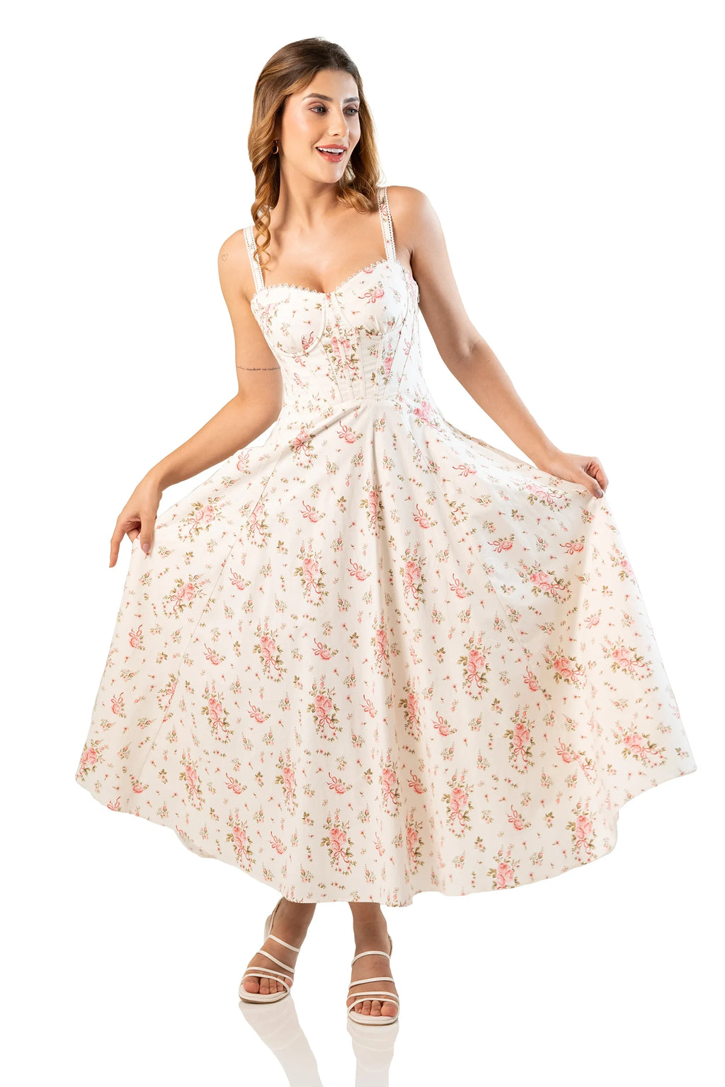 Playful twirl in ivory floral cotton midi dress, front view