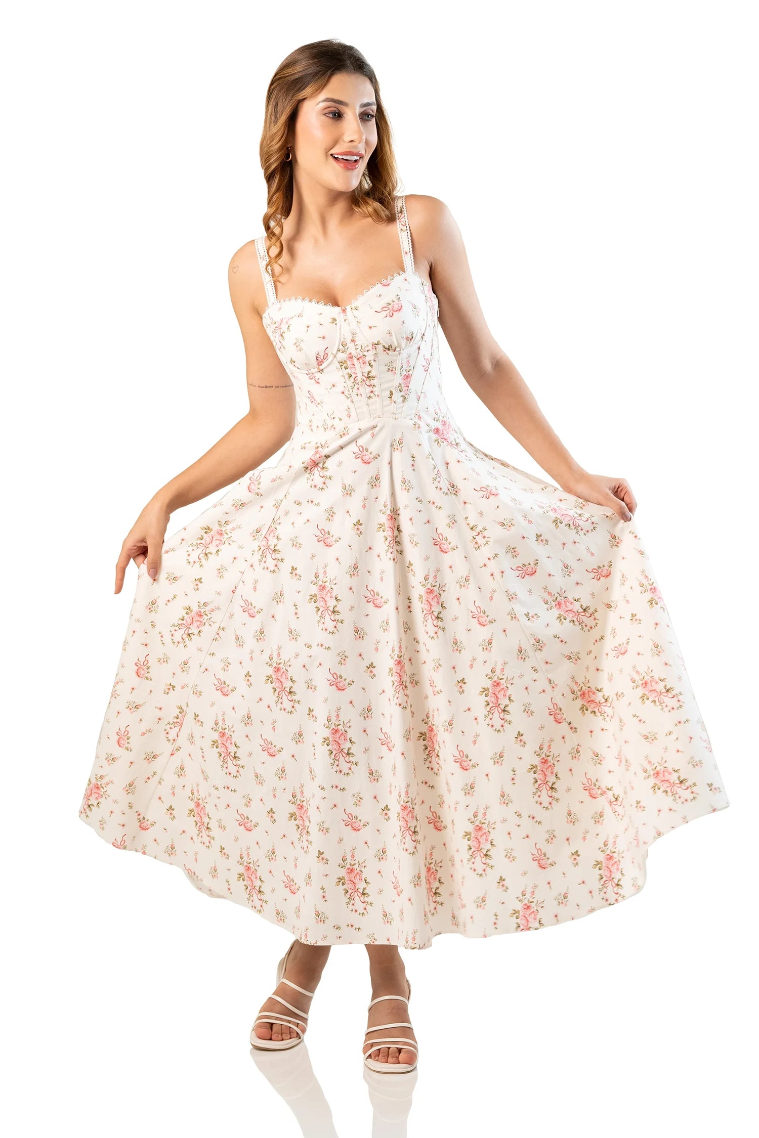 Playful twirl in ivory floral cotton midi dress, front view