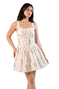 Ivory floral mini dress, front angle fit-and-flare