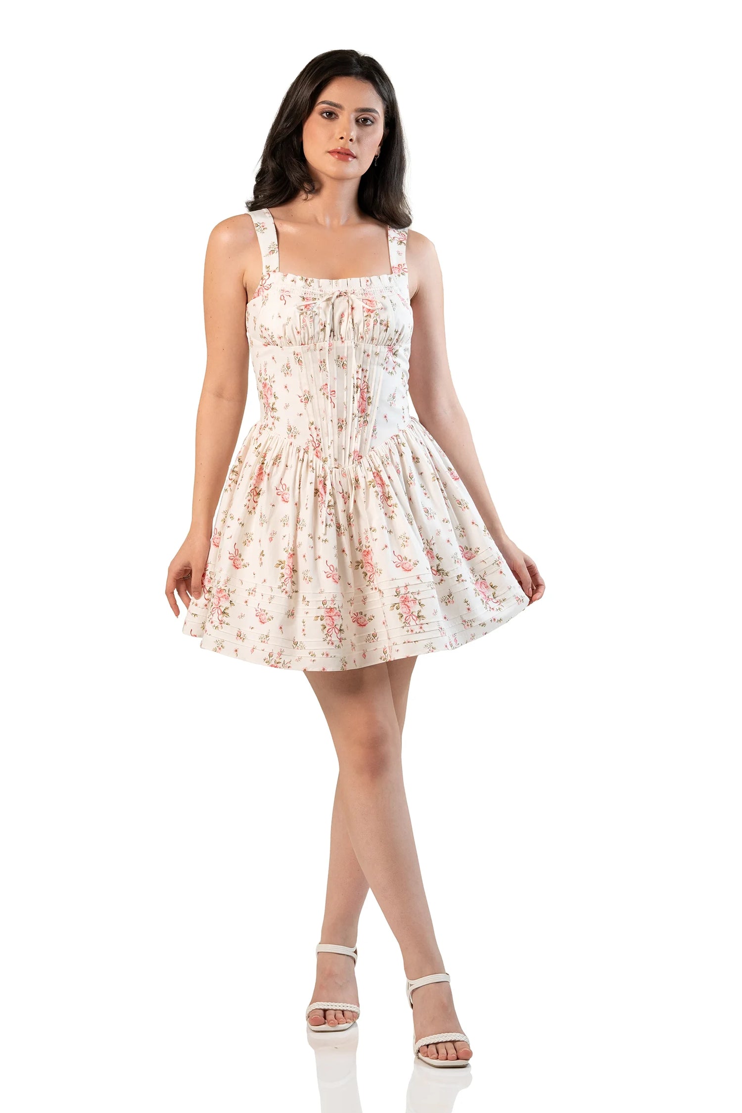 Front view of ivory floral mini dress with ruched bust