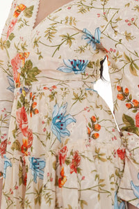 Close-up of Pretty Pixie ivory floral puff-sleeve belted mini dress, sleeve detail