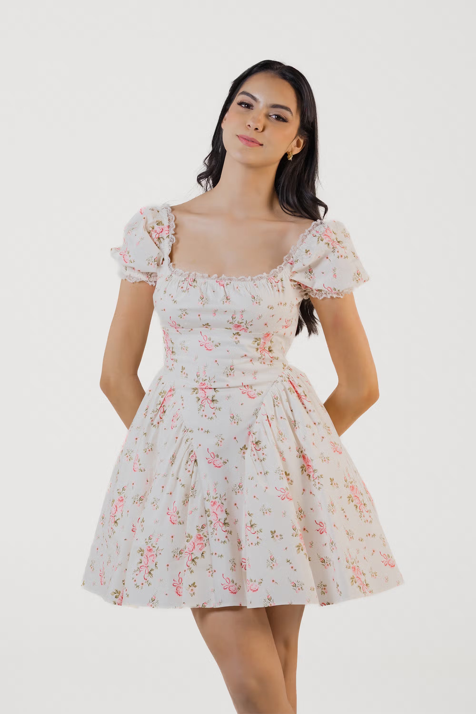 Ivory floral puff sleeve dress featuring delicate lace trim square neckline