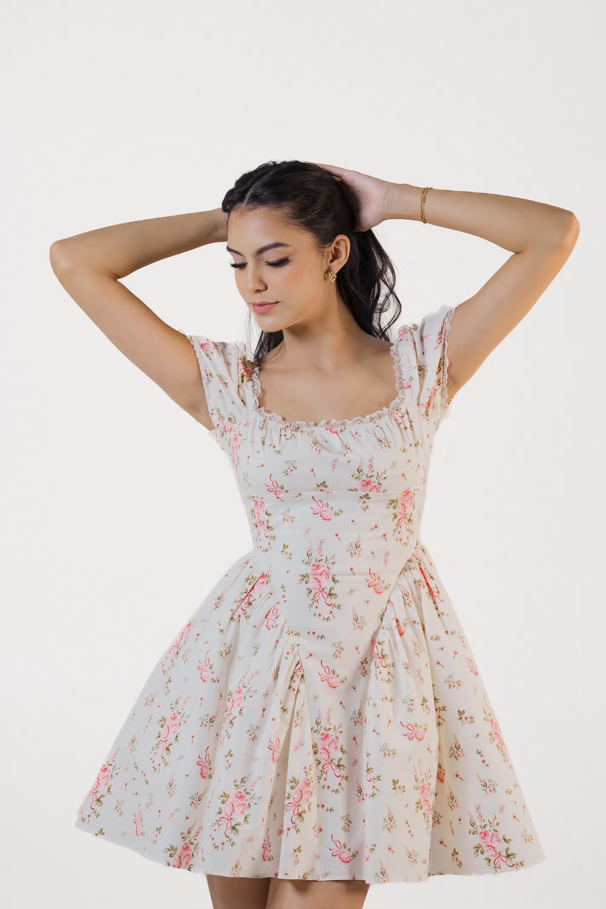 Ivory floral puff sleeve dress with romantic square neckline and fitted bodice