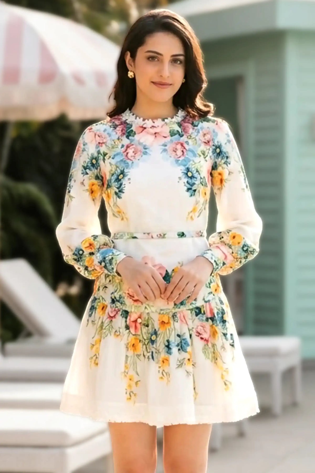 Woman in ivory floral ruffle-neck puff-sleeve mini dress standing poolside near striped umbrella and mint green cabana - Pretty Pixie resort wear