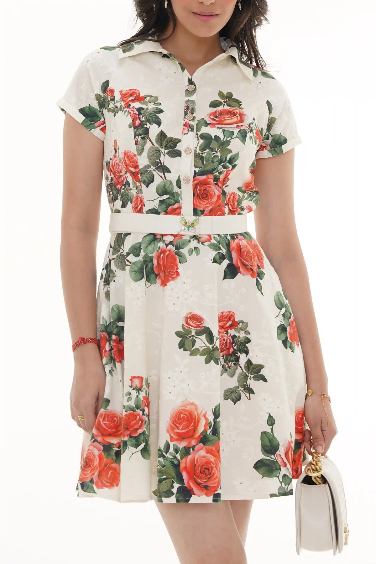 Close-up of Pretty Pixie ivory rose-print belted shirt mini dress