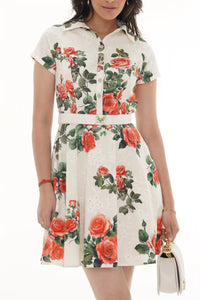 Close-up of Pretty Pixie ivory rose-print belted shirt mini dress