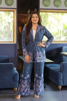 Navy Paisley Belted Blazer & Flared Pants Co-Ord Set