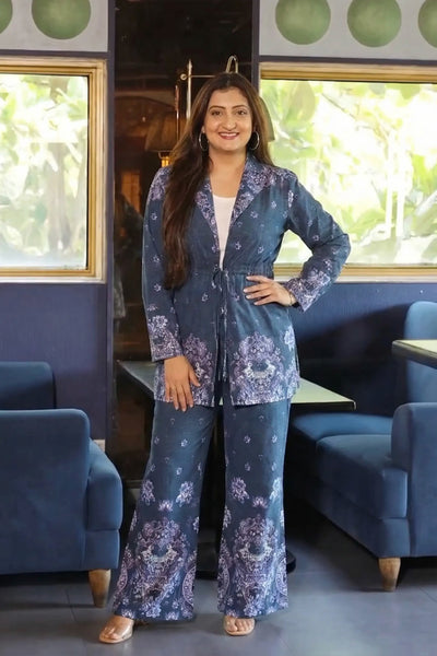 Navy Paisley Belted Blazer & Flared Pants Co-Ord Set