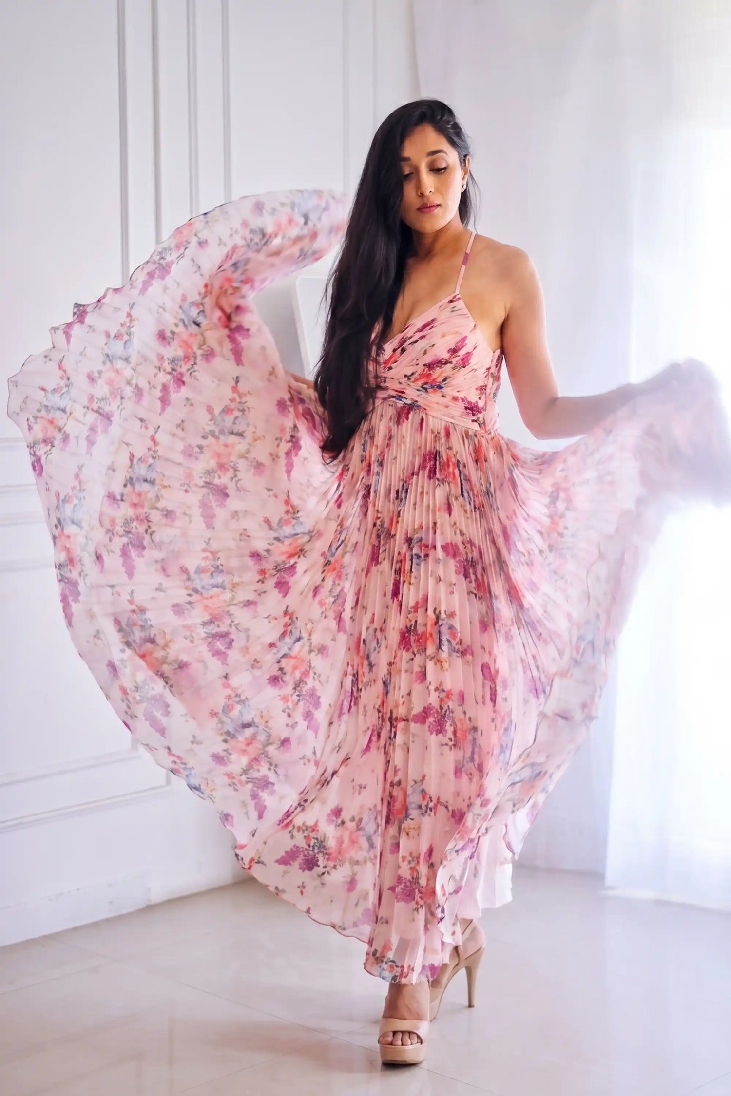 Kajal Kothari in PrettyPixie blush pink pleated floral maxi dress