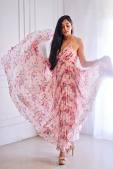 Blush Pink Pleated Floral Maxi Dress