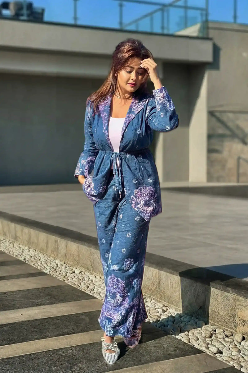 Kanchi Singh in navy paisley belted blazer and flared pants co ord set.