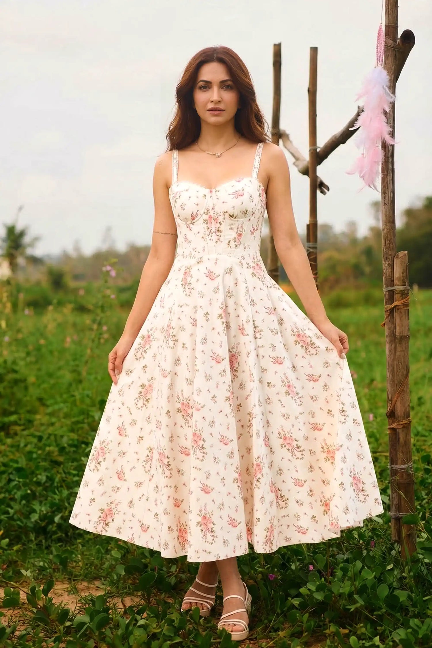 Kriti Kharbanda in ivory floral bustier midi dress by Pretty Pixie