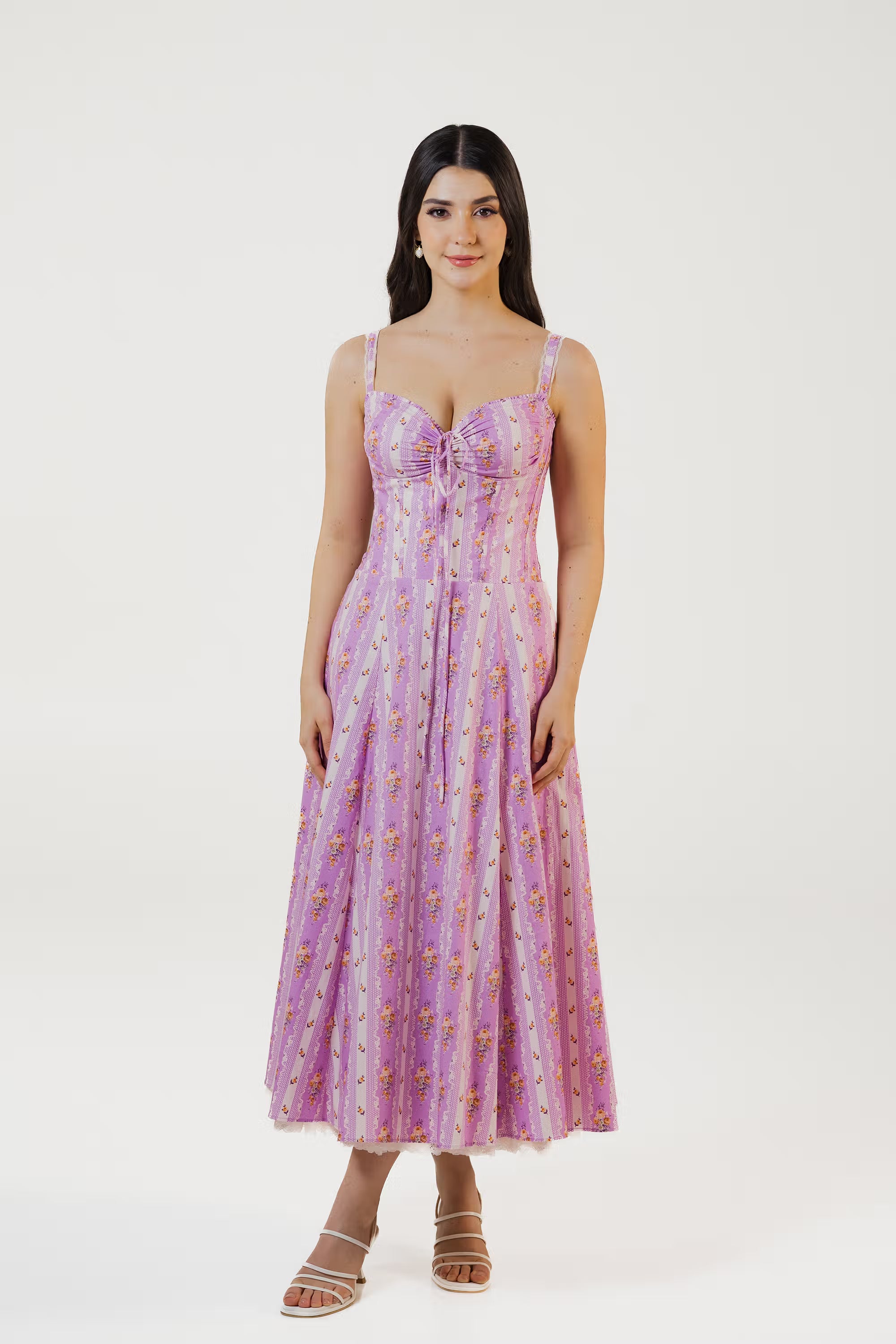 Lavender floral corset midi dress with sweetheart neckline, front view