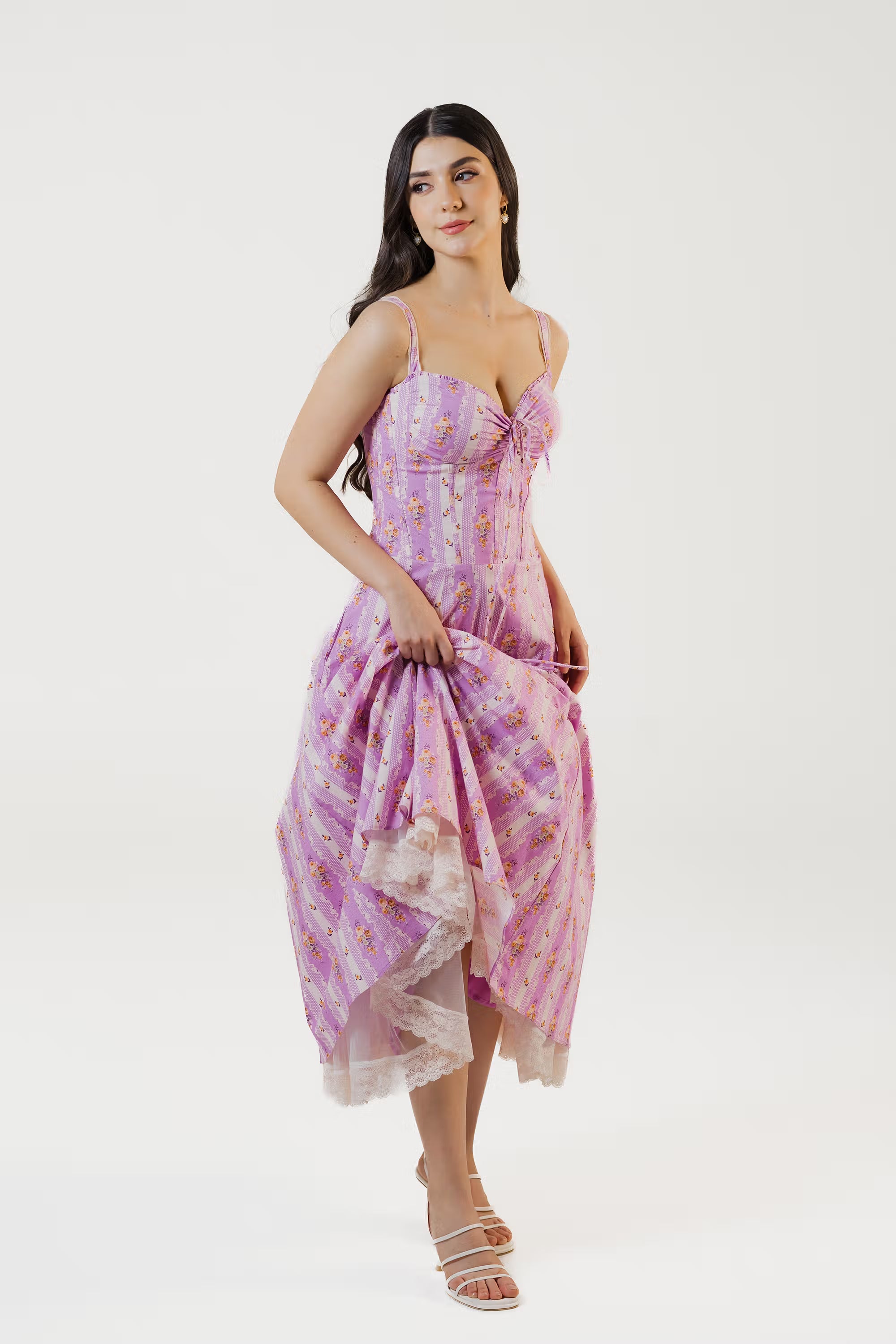 Lace hem detail on lavender floral corset midi dress for women
