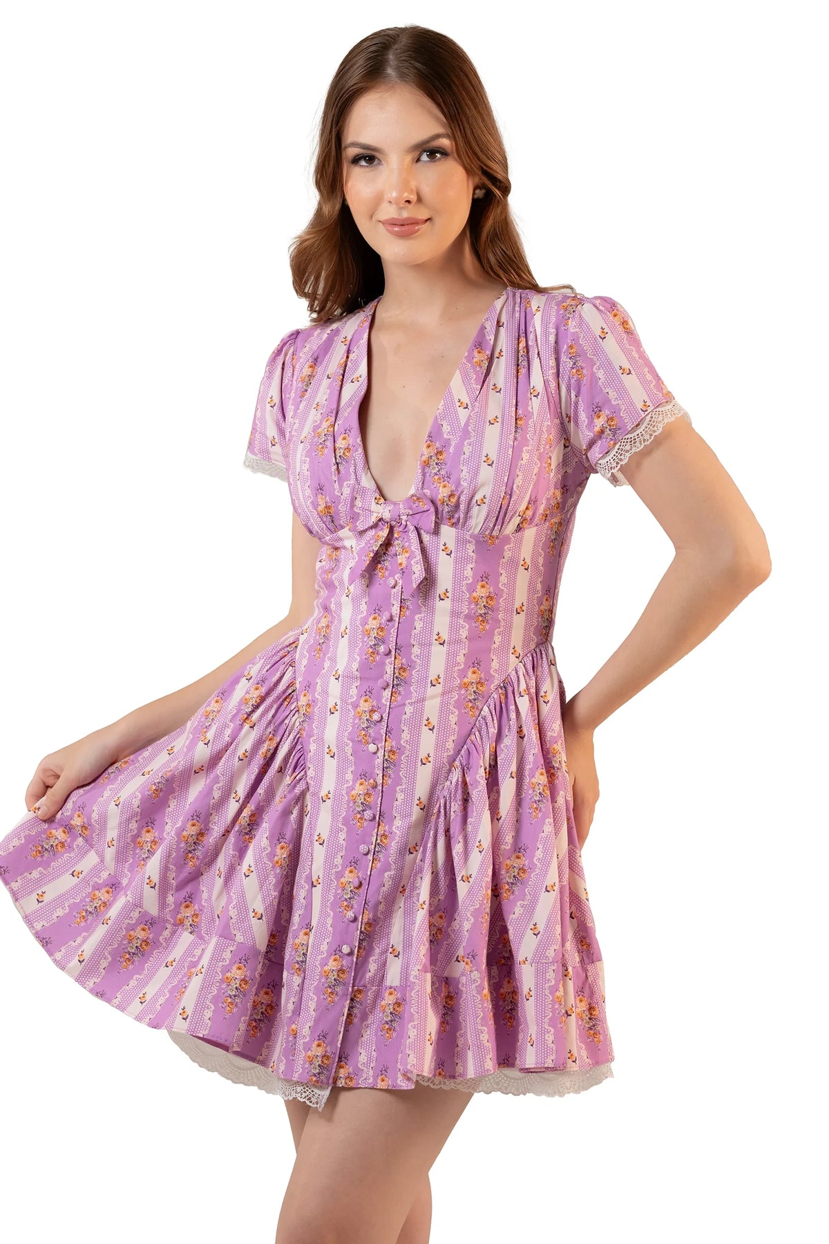 Lavender floral tie-front mini dress—flared skirt movement with lace-trim hem and feminine puff sleeves