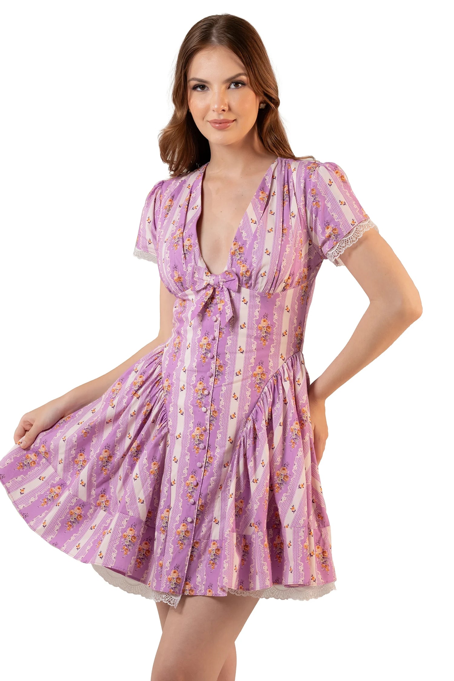 Lavender floral tie-front mini dress—flared skirt movement with lace-trim hem and feminine puff sleeves