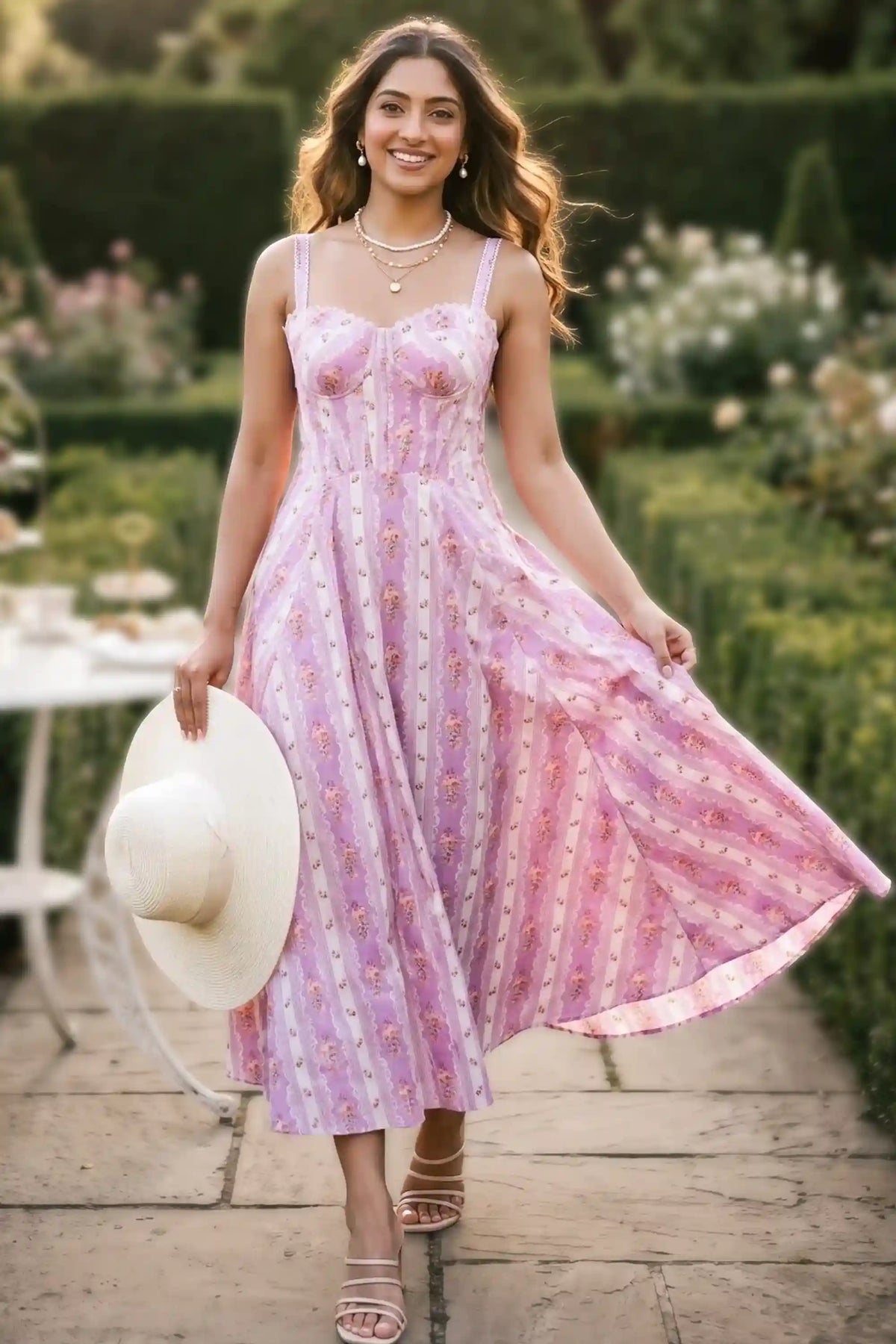 Lavender lilac striped floral corset midi dress: structured bustier A-line women elegant garden