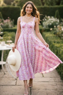 Lavender Lilac Striped Floral Corset Maxi Dress