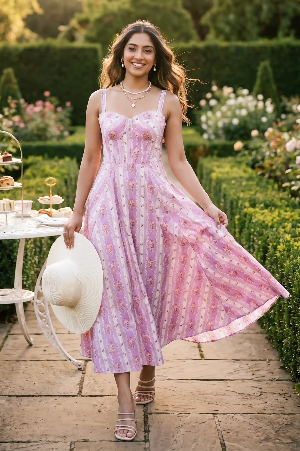 Lavender lilac striped floral corset midi dress: structured bustier A-line women elegant garden