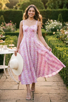 Lavender Lilac Striped Floral Corset Midi Dress
