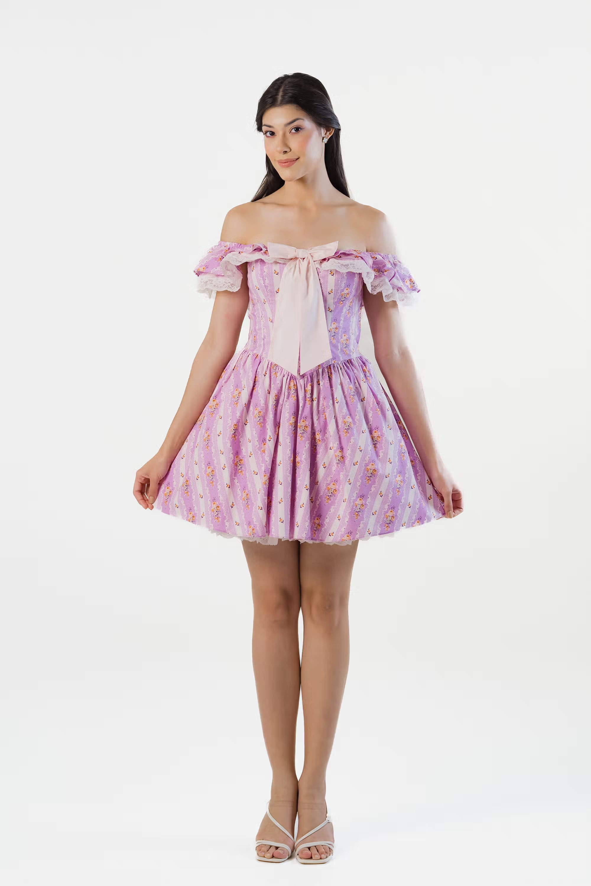 Lavender off-shoulder floral mini dress with pink bow front view