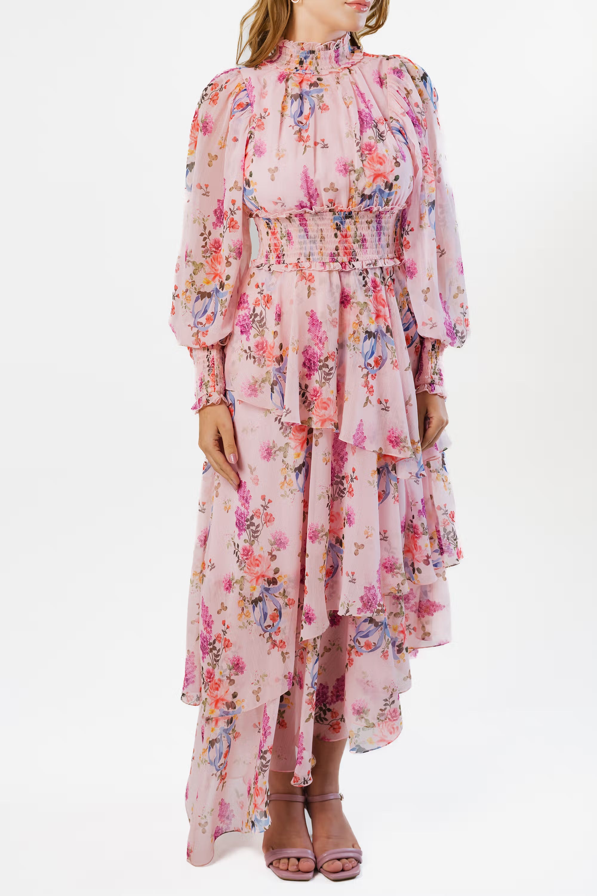 Full length view of layered pink floral maxi dress with high neck and long sleeves