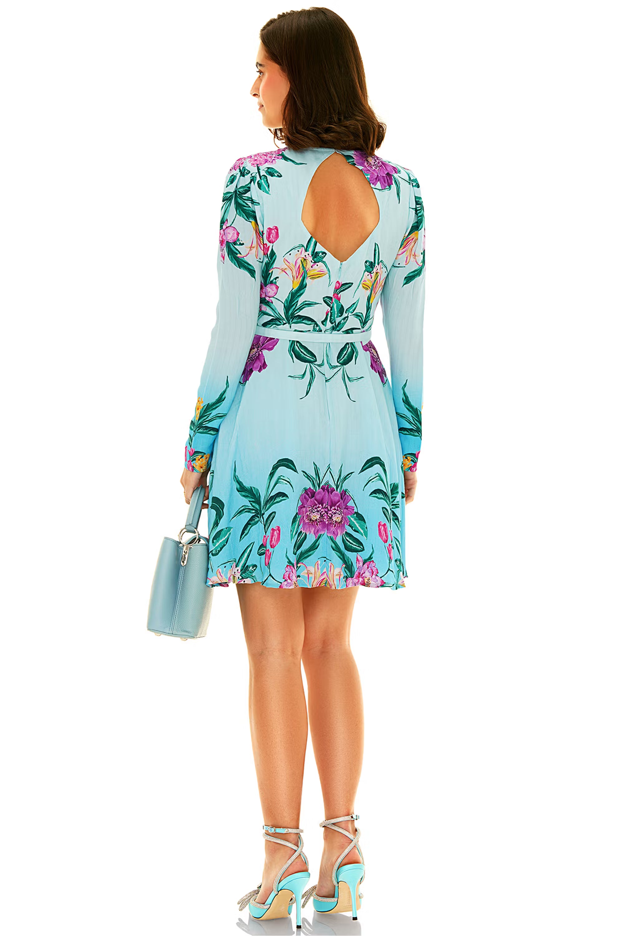 Light blue floral mini dress back view with open keyhole design