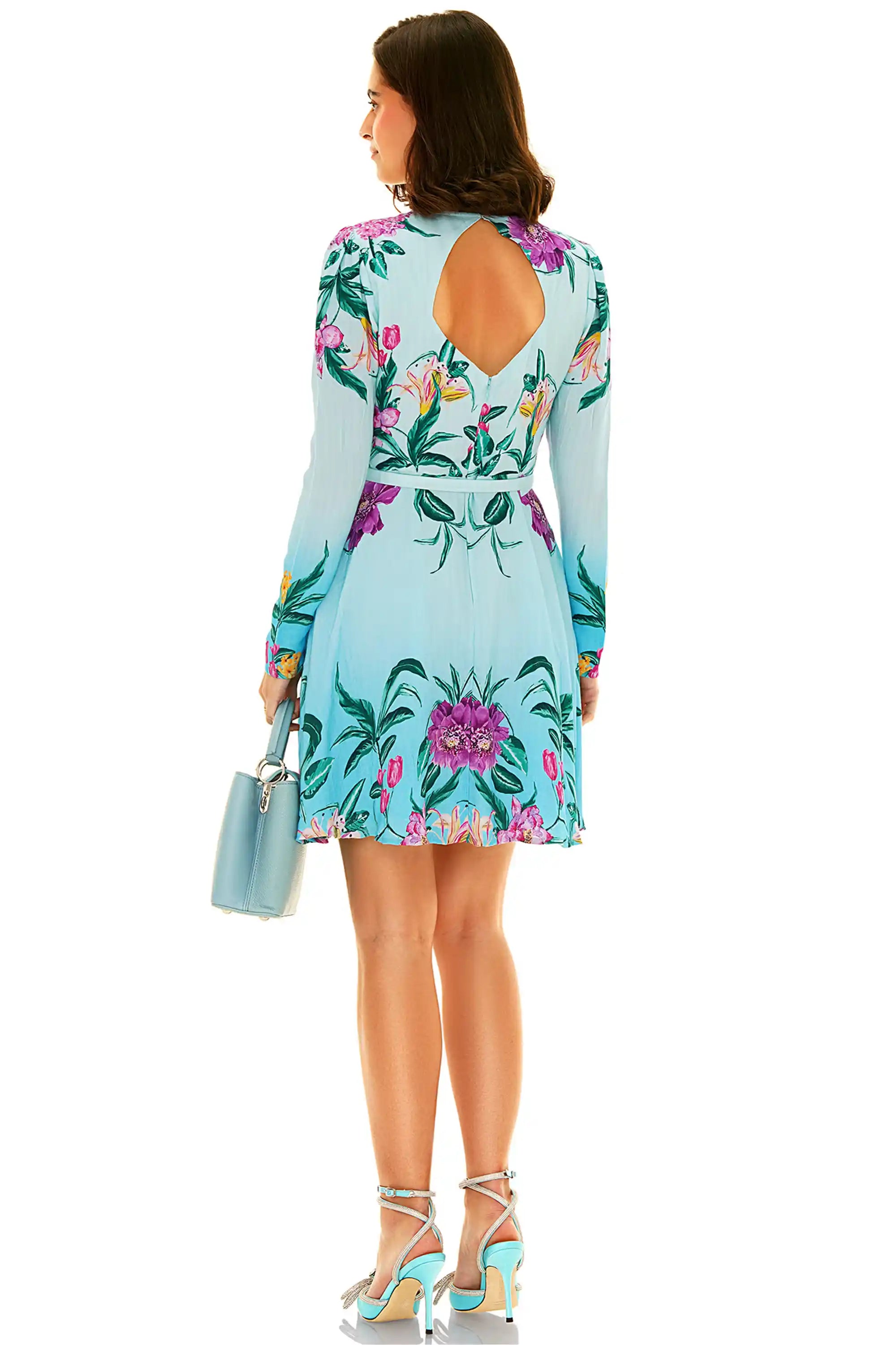 Light blue floral mini dress with floral print and keyhole back design – back view