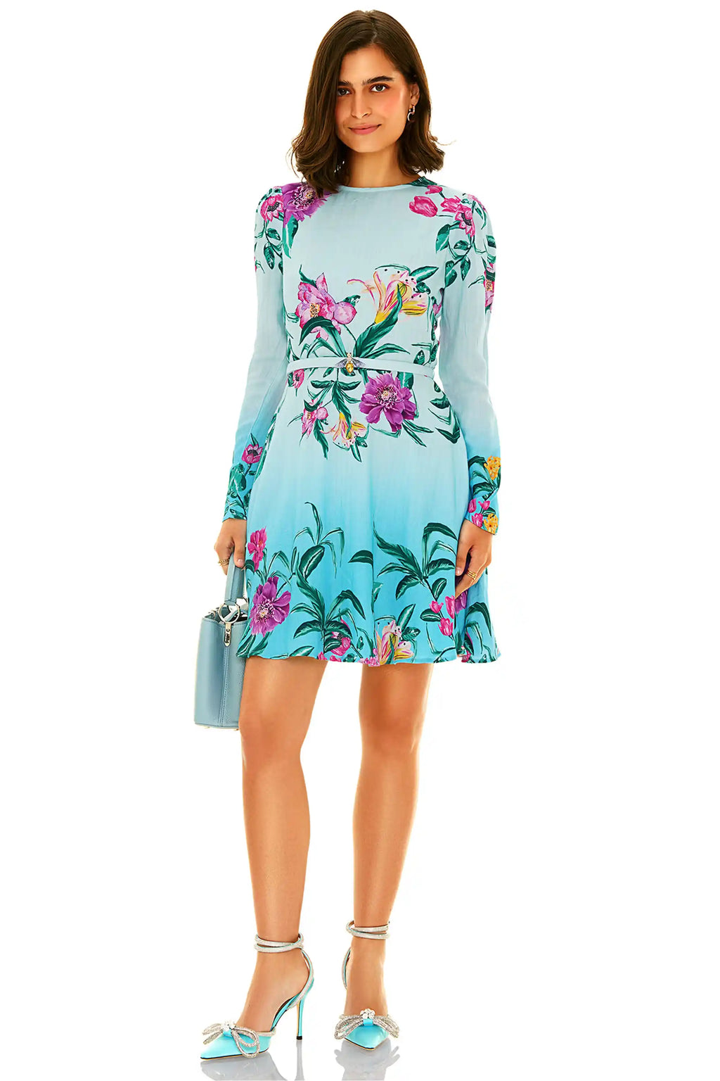 Light blue floral mini dress with long sleeves and belted waist – front view