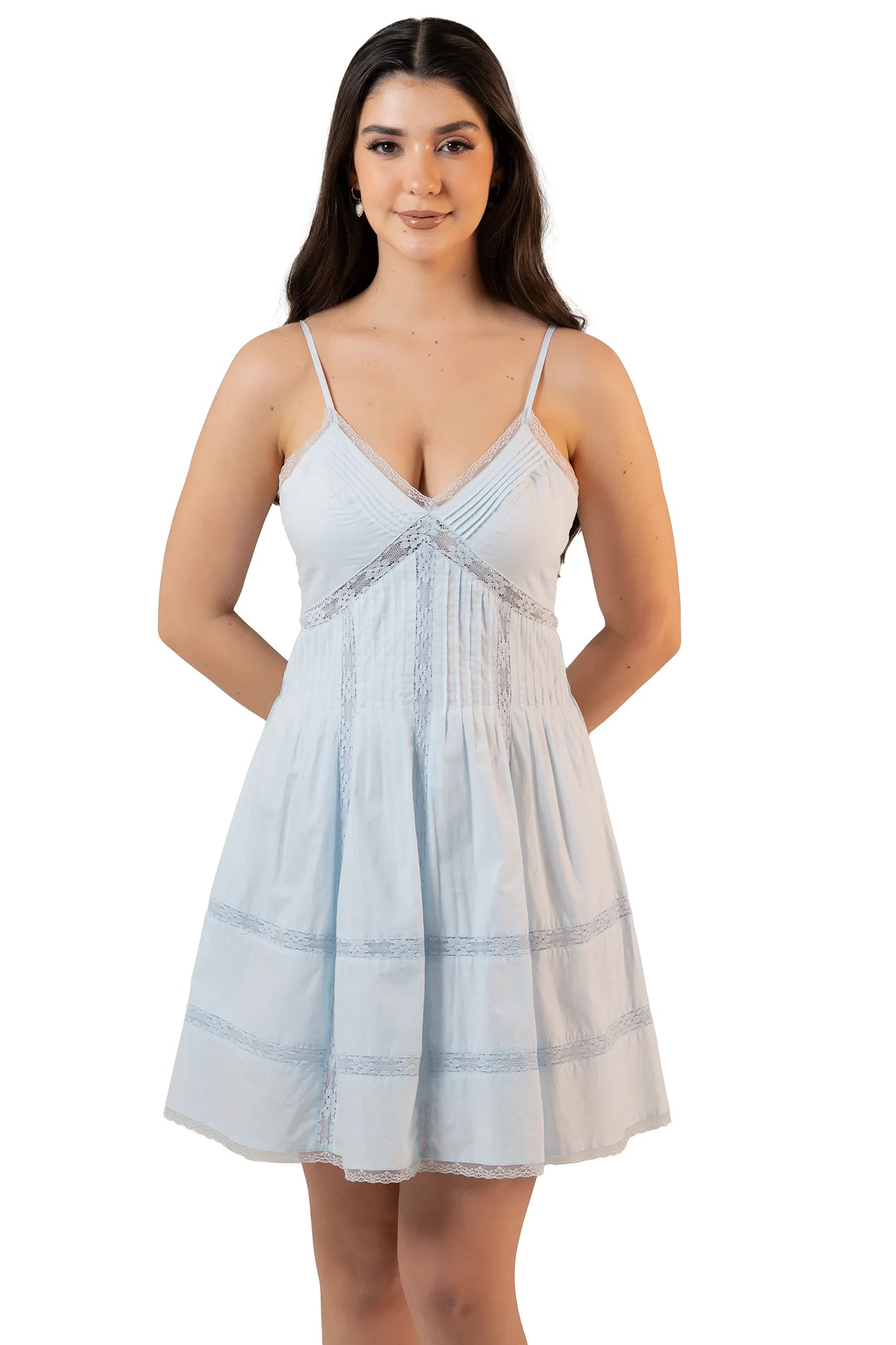 Light blue lace-trimmed sleeveless mini dress with V-neck and flared hem, front view.