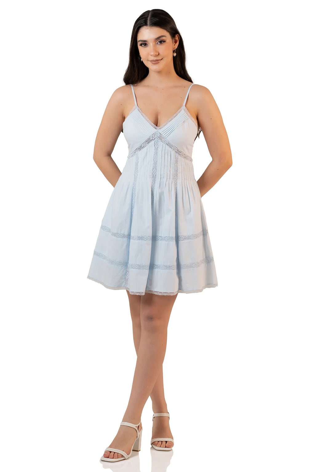 Women posing in a light blue lace-trim mini dress with adjustable straps and flared skirt, full body front pose.