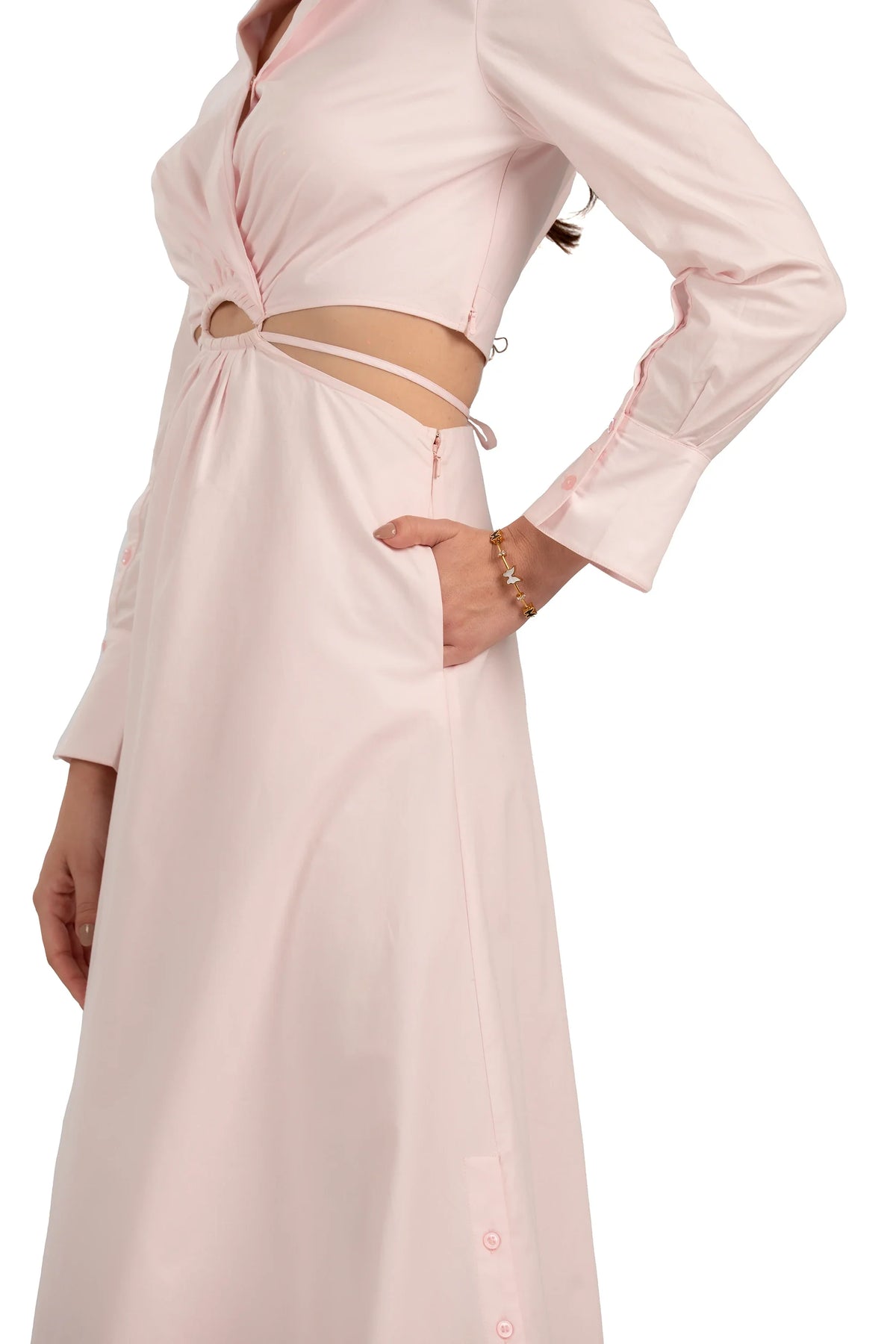 Powder Blush Pink | Cutout maxi shirt dress waist cutout detail