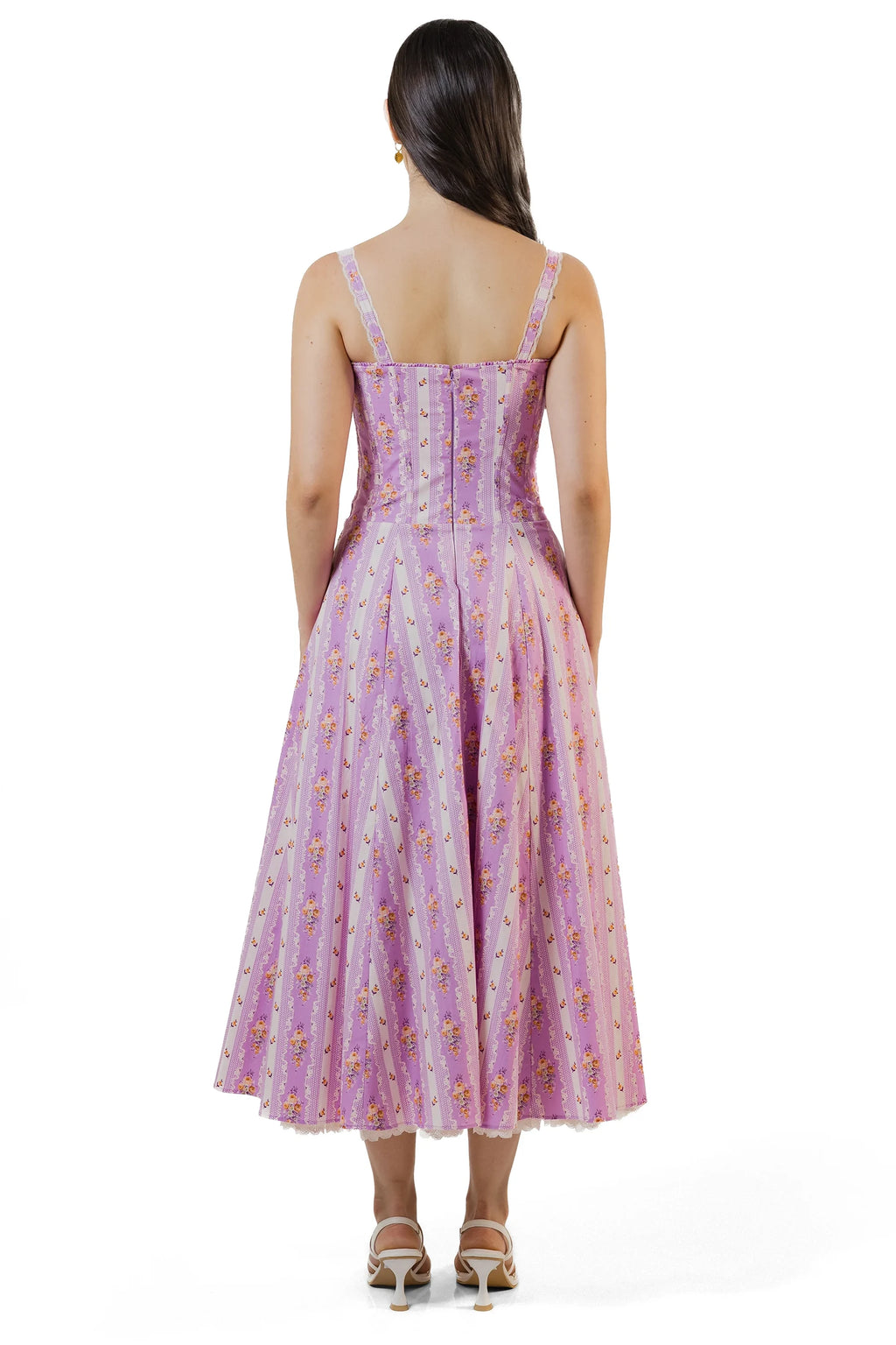 Back view of lilac floral striped midi dress on model