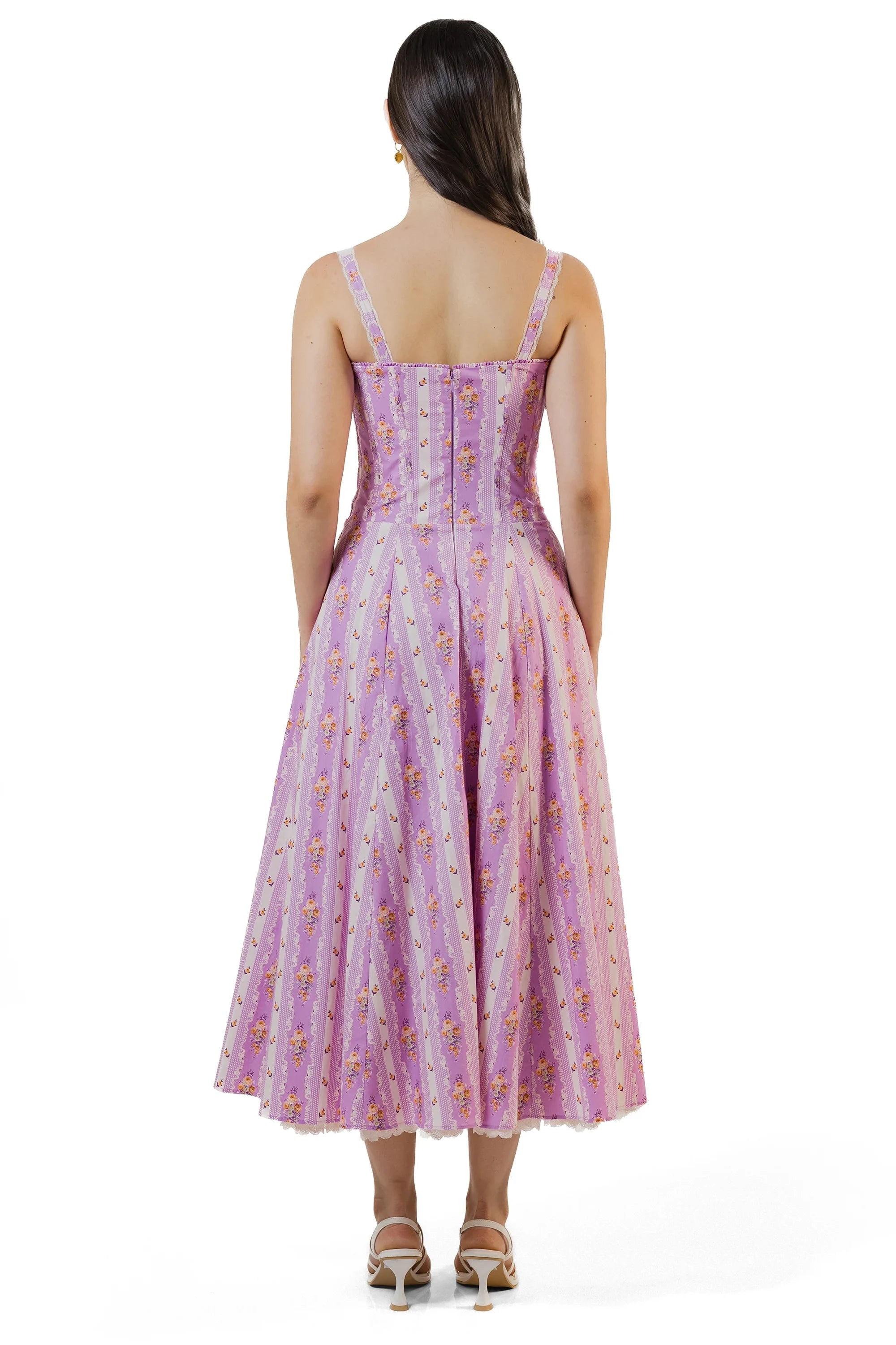Back view of lilac floral striped midi dress on model