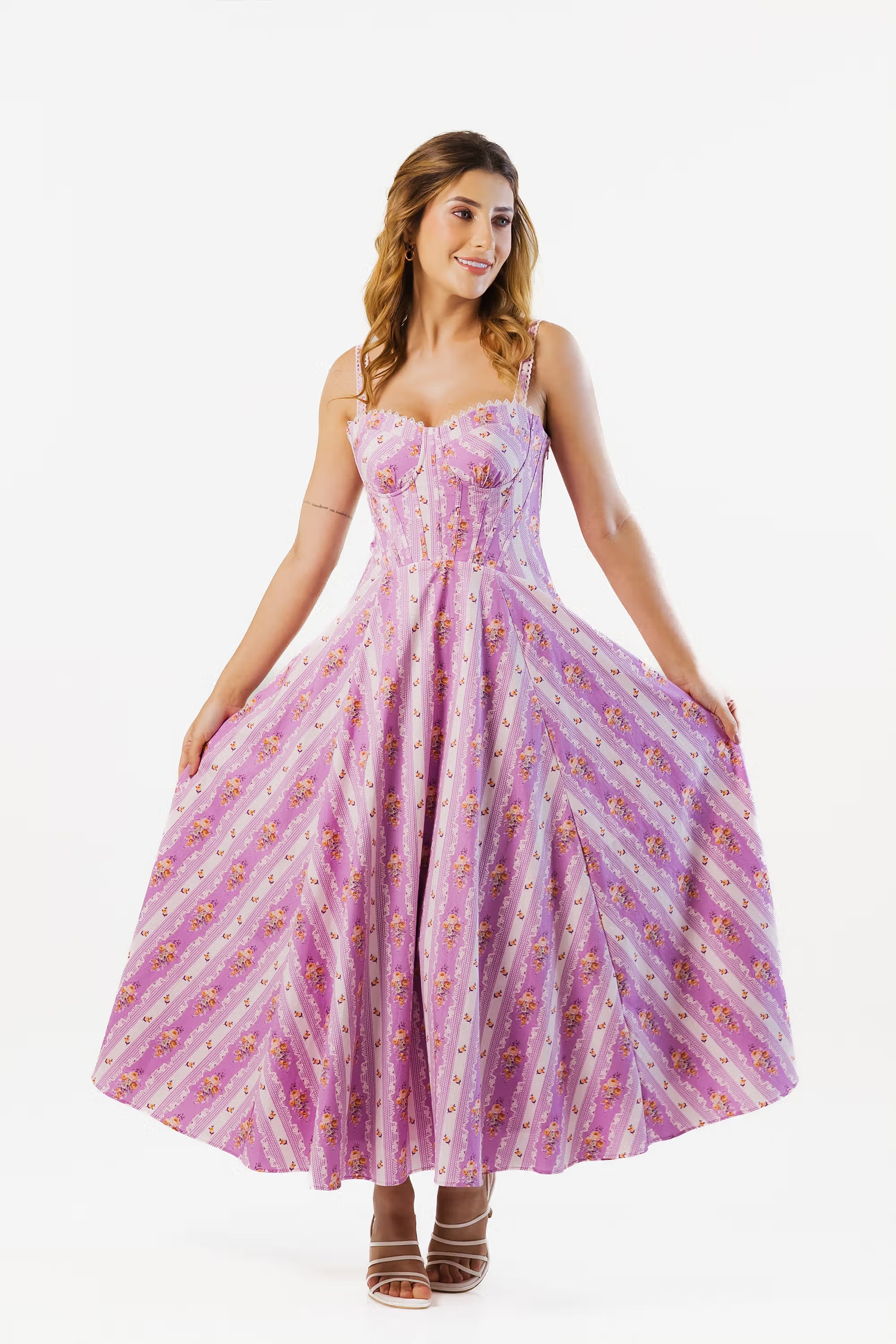 Lilac floral midi dress, front view, striped flared skirt.